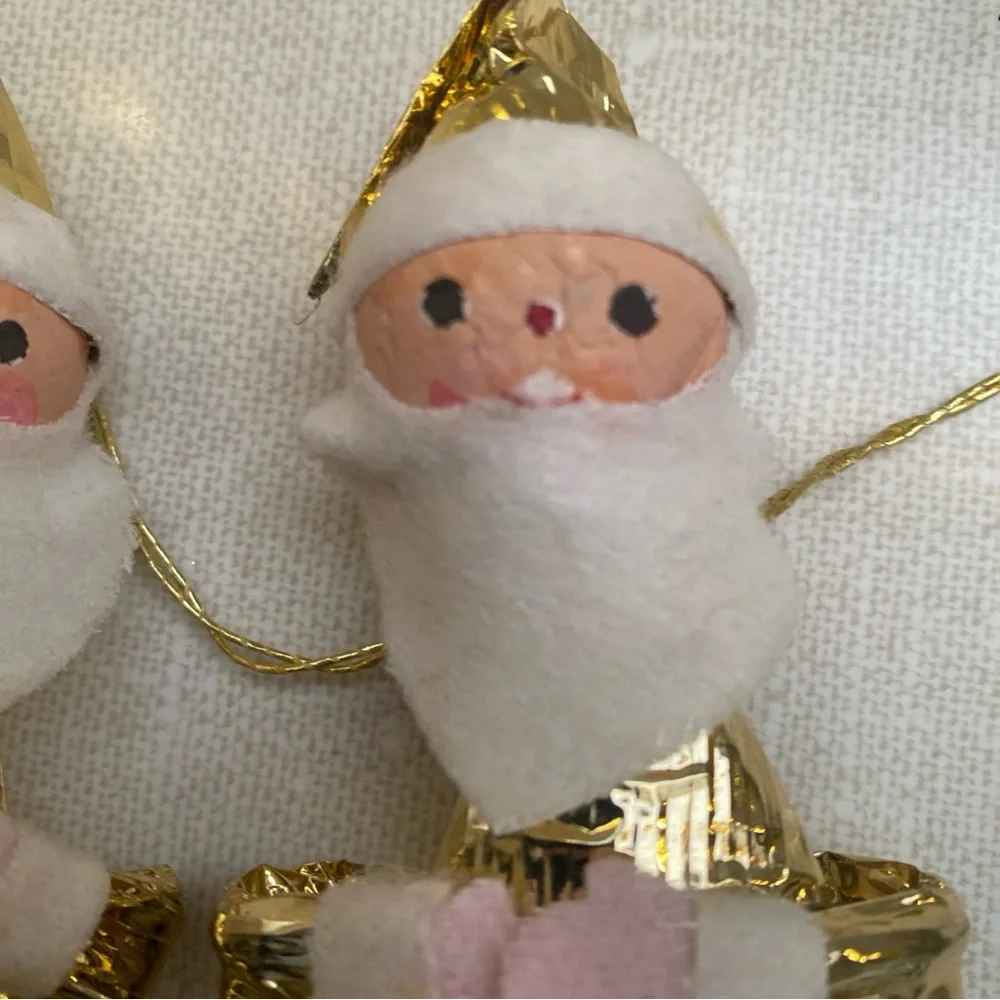 Vintage Japan 69’ Foil Santa Claus‎ Christmas Ornaments Set Of 2